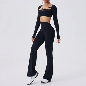 Traje de Yoga de manga larga sólido para mujer, chándal deportivo para gimnasio, entrenamiento, correr, con logotipo frontal, cintura elástica, conjunto de ropa deportiva elegante - Product Image 4