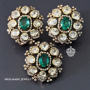 Green <b>Emerald</b> Stone and Moissanite Polki Pendant and <b>Studs</b> Elegant Moissanite <b>Earrings</b> - Product Image 2