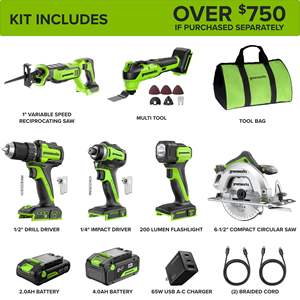 Ensemble combiné sans fil 24V sans balais 6-en-1 : Perceuse-visseuse à percussion, Scie circulaire 6,5 pouces, Scie sabre, Outil oscillant, Lampe de poche, Tout en plastique - Product Image 6