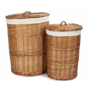 Red Hamper Light-Steamed Round White Cotton Lined Willow Wicker <b>Small</b> & Large Set of 2 Laundry <b>Baskets</b> - Product Image 5