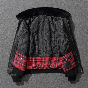 Veste en cuir de vachette de première couche pour hommes Combinaison de vol en cuir véritable Vêtements d'hiver simples en laine de grande taille en fourrure de haute qualité - Product Image 6