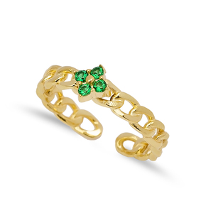 Tiny Flower Charm Emerald Zircon Stone Braid Design Adjustable Ring Turkish Handmade 925 Sterling Silver Jewelry - Product Image 1