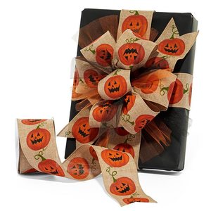 Luxury Floral Pumpkin Print <b>Wired</b> <b>Ribbon</b> for Wedding Christmas Halloween for Gift Wrapping Packaging Silk Linen Burlap Polyester - Product Image 1