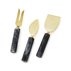 Ensemble de trois pièces de couteaux à fromage en acier inoxydable avec manche et têtes en marbre gris naturel Couteau de cuisine en or mat - Product Image 3
