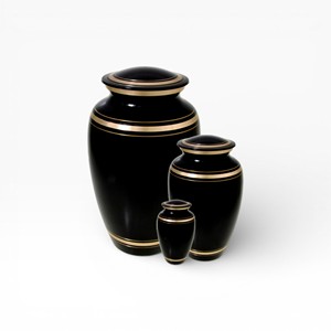 Juego de Urnas de Cremación en Negro Brillante con Bandas Decorativas Doradas, Incluye Urnas de Tamaño Completo, Mediano y de Recuerdo para un Tributo Conmemorativo Completo - Product Image 1
