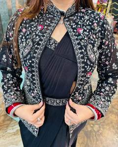 Women Ready to Wear <b>Jacket</b> Saree in Crepe Silk with Embroidered Koti Blouse Festive Party Ethnic Look - Product Image 3