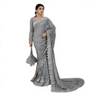 Sari en soie traditionnel Fashionista International pour femme - Imprimé floqué, travail manuel, séchage rapide, toutes saisons, style fête, Diwali, mariage - Product Image 1