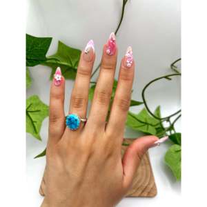 Navajo Handmade Kingman Nugget Turquoise & Sterling <b>Silver</b> <b>Statement</b> <b>Ring</b> Rhodium Plated Size 5.75 for Everyday Wear - Product Image 5