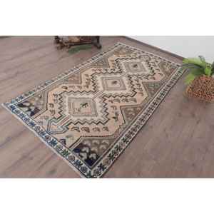 Alfombra Turca, Alfombra Vintage de 3.9x6.9 pies, Alfombra de Lana con Estampado Animal en Tonos Marrón y Azul - Product Image 2