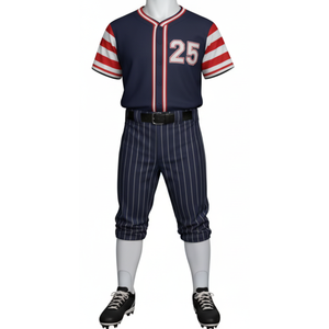 Uniforme de baseball le plus vendu pour hommes, maillot bleu marine avec manches rayées rouge et blanc et pantalon à rayures fines, ensemble de vêtements de sport respirant OEM - Product Image 1