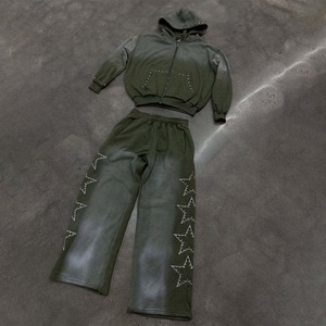 Conjunto de Pantalones Deportivos y Sudadera Personalizados para Hombre, Lavado Ácido, 100% Algodón, Pedrería, Cremallera Completa, Talla Grande, Diseño Holgado - Product Image 1