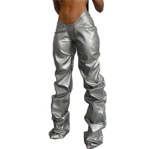 Otoño sólido de cintura alta de cuero PU apilado Pantalones de mujer de alta calidad pantalones de hombre recto curvo rayas cuero moda pantalón - Product Image 1