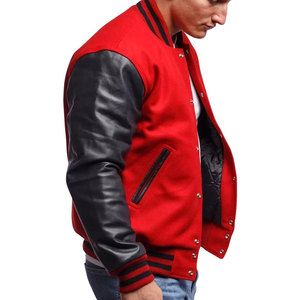 Veste universitaire unisexe personnalisée rouge en toile avec manches noires vintage, taille plus, col montant, poignets élégants, veste d'hiver respirante - Product Image 2