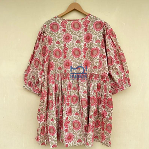 Robe d'été décontractée en coton imprimé floral à la main Peplum court Kurti 100% pur coton pour femmes - Product Image 2