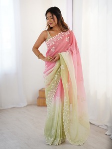Dernier tissu doux et croquant d'inspiration exclusive Sari FIL DE BRODERIE TRAVAIL Festival indien mariée classique fête vêtements ethniques femmes - Product Image 4