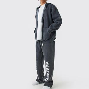 Conjuntos de pantalones de chándal con capucha para correr de alta calidad, chándales acampanados con lavado ácido de piedra de gran tamaño con logotipo personalizado para hombres - Product Image 2