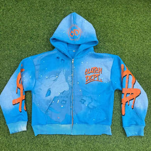 Custom Mens Oversized Boxy Zip Hoodies <b>Jacket</b> with Distressed Zip up Hoodie Manufacturers Designer Acid Wash <b>Rhinestone</b> Hoodie - Product Image 1