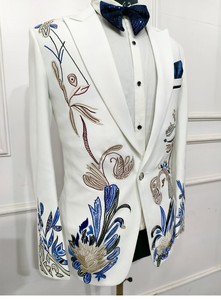 Costume de marié homme blanc avec broderie bleue Costume de marié 2 pièces personnalisé pour fête de mariage - Product Image 2