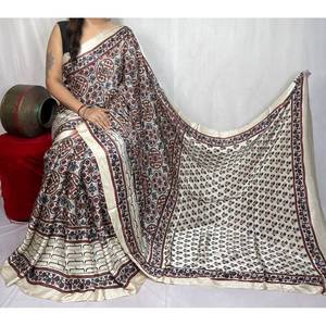 Tissu de robe formelle en soie modal imprimé à la main Ajrakh, nouveau design printemps, coupe A, pour femmes, avec taille naturelle - Product Image 1