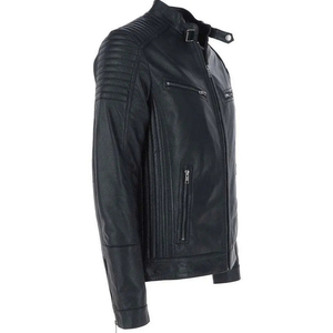<b>Men's</b> Black PU Leather Moto <b>Jacket</b> Stand Collar Zipper Closure Slim Fit Regular Sleeve Windproof Motorcycle Outwear - Product Image 1
