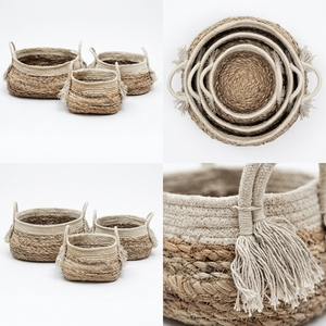 Ensemble de paniers de rangement en jute et écorce de bananier naturelle, avec poignée arquée à franges et pompons, pot de fleurs ovale peu profond, décoration artistique pour la maison et artisanat - Product Image 3