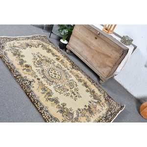 Vintage 3.8 X 7ft Beige <b>Brown</b> <b>Wool</b> Rug Handmade Turkish Classic Style with Patchwork Design Latex Backing for Bedside Use - Product Image 4