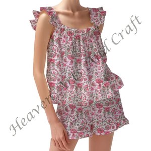 Block Printed Shorts PJ Sets | Bohemian Floral PJs | Boho Spring/Summer Floral Fitted Strappy Ruffle <b>Trim</b> Sleeves PJ Set - Product Image 6
