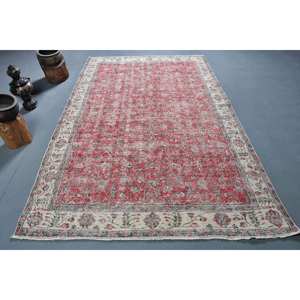 Tapis turc vintage 5.7x9.4 pieds laine rouge beige grande surface avec motif patchwork pour couloir ou chambre à coucher latex soutenu - Product Image 1