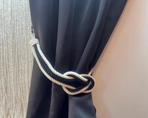 Black & <b>White</b> Cotton Rope <b>Curtain</b> Tieback Square Knot Design with Optional Wrought Iron Hook - Product Image 3