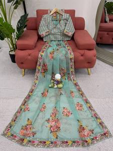 Hermoso diseñador Saree Tibby tela de seda con impresión digital con hilo y secuencia de trabajo y blusa Mono Bangalori tela de seda - Product Image 5