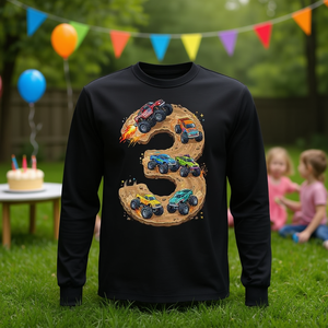 Camiseta Promocional de Manga Larga para Niño de 3 Años, Fiesta de Cumpleaños, Diseño de Camioneta Monstruo - Product Image 3