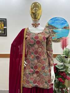 ชุดเดรสปาร์ตี้ dhoti salwar ชุดเดรสผ้า Georgette เทียมเย็บปักสวยงามทำงานแบบดั้งเดิม - Product Image 6