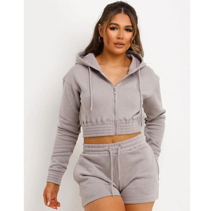 Ensemble court personnalisé nouveaux vêtements d'été ensembles 2 pièces pour femmes pantalons courts et haut court à capuche coton femmes ensemble double - Product Image 3