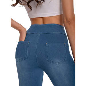 Pantalones de mezclilla de cintura media, ajustados, elásticos, de algodón/spandex, transpirables, cómodos para todas las estaciones, con cintura elástica y bolsillos, estilo sencillo. - Product Image 1
