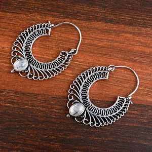 Nuevos Pendientes de Aro Boho de Moda 2024, Joyería Tribal de Latón para Mujer, Acabado Plateado Oxidado, Dijes de Filigrana con Piedra Lunar, Venta al por Mayor/OEM/ODM - Product Image 2