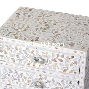 White Floral Bone Inlay Eco-Friendly Square 2-<b>Drawer</b> Handmade Indian Modern Bedside Table Nightstand Chest of <b>Drawers</b> - Product Image 3