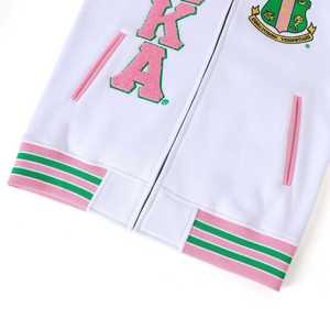 AKA <b>White</b> Fleece Letterman Jacket Unisex Pink Green Chenille Embroidery Greek Letter Varsity Style Premium Cotton <b>Zip</b> <b>Up</b> - Product Image 3