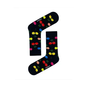 Colorful Cherry Embroidery and Print <b>Socks</b> Breathable Spandex Knitted <b>Crew</b> Length for Boys Customizable Logo on Cuff - Product Image 1