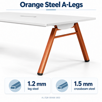 Table de conférence moderne 1800 mm blanche, table de formation de bureau avec pieds en acier orange en forme de A et accès central aux câbles