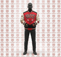 Chaqueta Varsity para Hombre de Chicago, Diseño con Parches Bordados Rojos y Blancos, Estilo Casual de Béisbol, Cuello Vuelto, Cierre de Botón Sencillo, Forro Fino de Piel