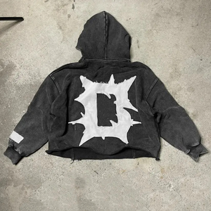 Pocketless Sun-faded Premium Custom Acid Wash Cropped Hoodie Men's Raw Hem Applique Distressed Patch Embroidered Hoodie - Product Image 2