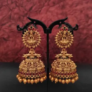 Matte Gold Polish Laxmi Design Jewelry Accessories Women Golden Clustered Pearl Temple Jewellery Designer Jhumka Earrings Women