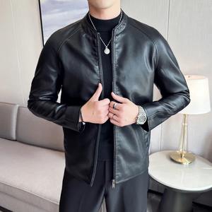 Chaqueta de cuero para hombre Slim Fit Biker Coat Thin Spring Autumn Stand Collar Plus Size Motorcycle Outerwear - Product Image 2