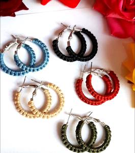 Pendiente de aro de macramé de hilo de Color negro, joyería femenina, conjunto circular de latón, pendiente de aro de macramé de estilo bohemio - Product Image 2