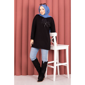Túnica Hijab Oysho Modest Formal/Casual Negra de Punto, Chifón y Algodón con Detalle de Lazo, Adornos de Piedras, Decoración Estampada y Bordado - Product Image 1