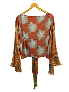 เสื้อเชิ๊ตตัวสั้นผ้าไหมสั้น, เสื้อวินเทจผ้าส่าหรีพิมพ์ลายดอกไม้เสื้อตัวบน - Product Image 5