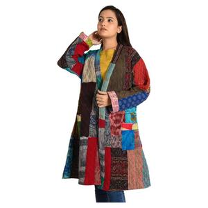 Vintage Boho Kantha Patchwork Reversible Jacket Recycled Silk Patchwork <b>Coat</b> for Women Handmade Casual Wear with Woven Technique - Product Image 3
