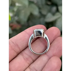 925 Silver Fine Jewelry <b>Ring</b> with Natural Emerald Cut <b>Crystal</b> Quartz Rhodium Plated Geometric Pattern for Engagement - Product Image 4