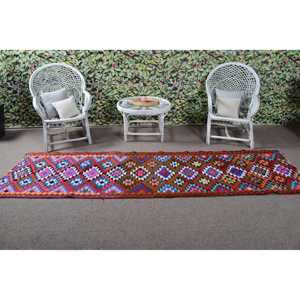 Vintage Turkish Rug, <b>Runner</b> 2.8x10.2 ft (84x310 cm) Rug, <b>Red</b> Check Wool Rug - Product Image 3