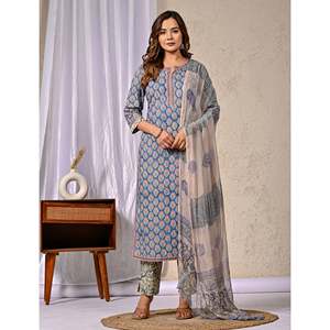 Conjunto de Kurta y Pantalón de Algodón con Estampado Blue Butta Block, Estilo Étnico Pakistaní-Indio, Ropa de Fiesta para Niñas, Bordado y Redecilla Cosida - Product Image 5